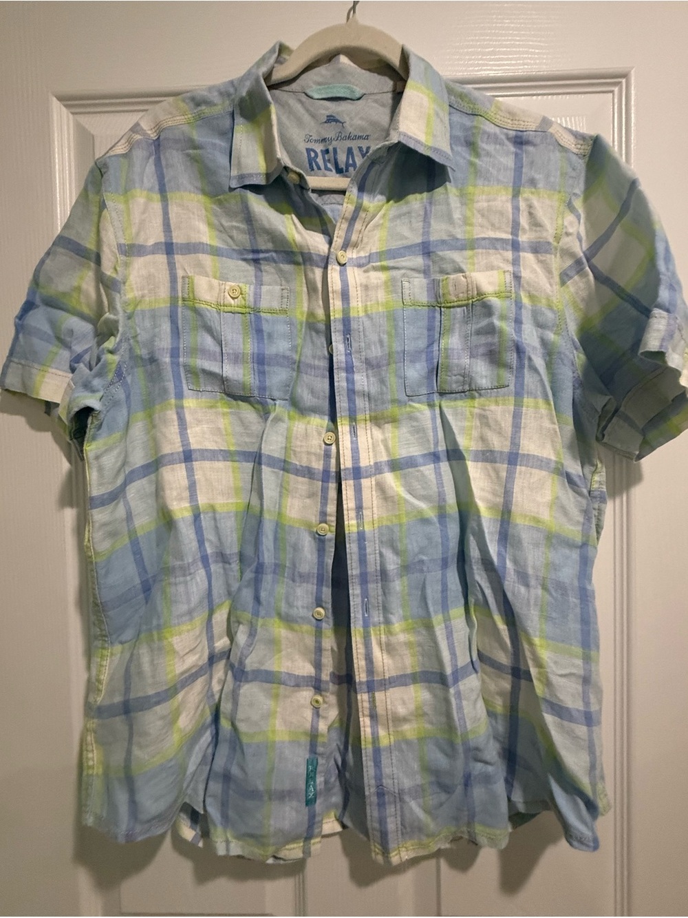 Tommy Bahama Relax Light Blue, Green & White Plaid Short-Sleeve Button-Down